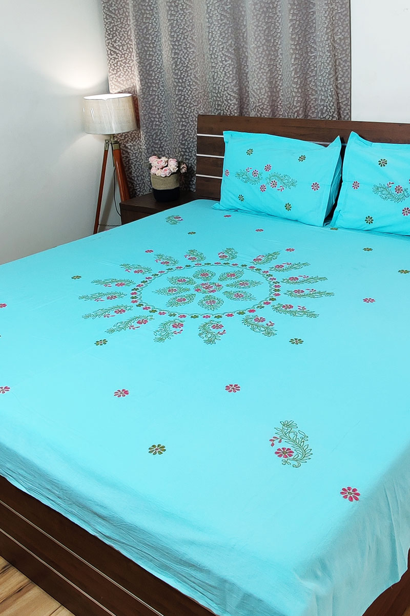 Sky Blue Color Lucknowi Chikankari Cotton Bedsheet Mc251789